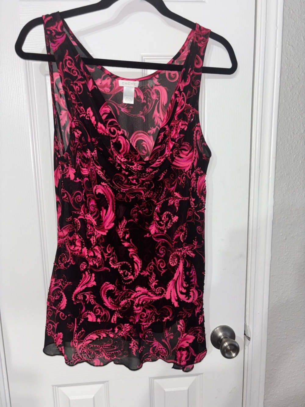 Cache Black and Pink Scroll-Print Cowl Neck Camisole - Picture 4 of 6